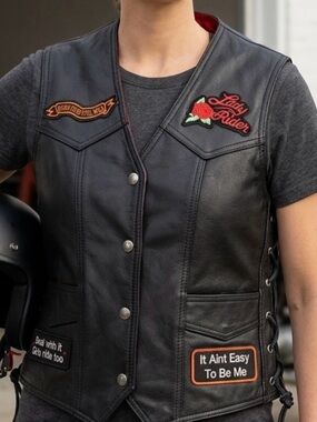 Diamond Plate Leather Biker Vest Women Lace Up Motorcycle Patches Size S